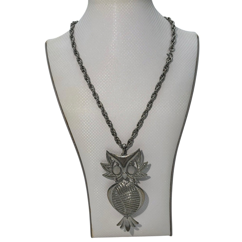 Vintage Alan Silver Tone Articulated Moving Owl Bird 21" Statement Necklace